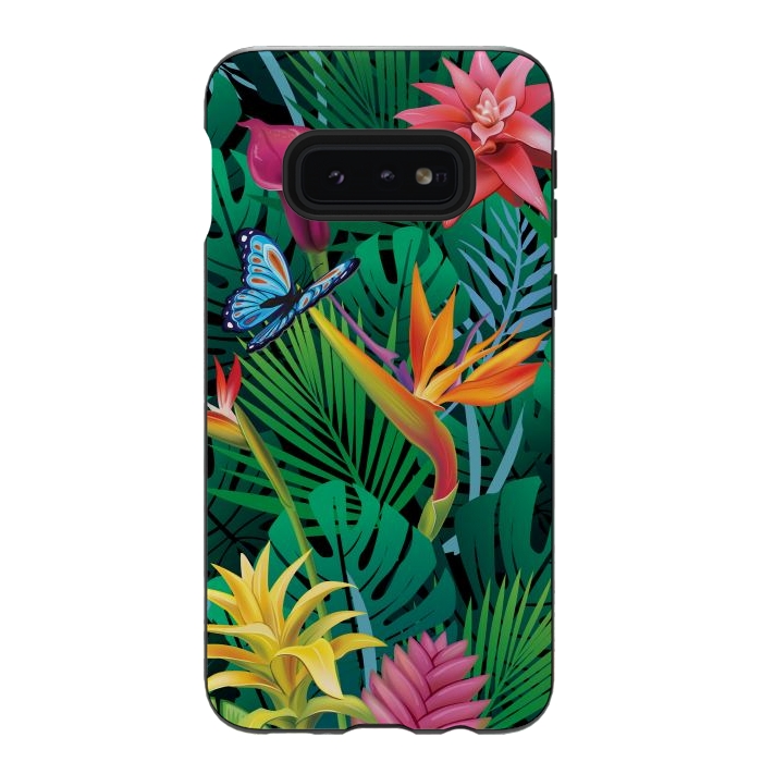 Galaxy S10e StrongFit Cute Tropical Floral Design Green Pink and Purple by ArtsCase