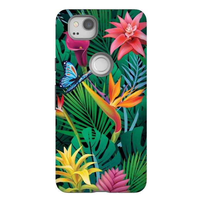 Pixel 2 StrongFit Cute Tropical Floral Design Green Pink and Purple by ArtsCase