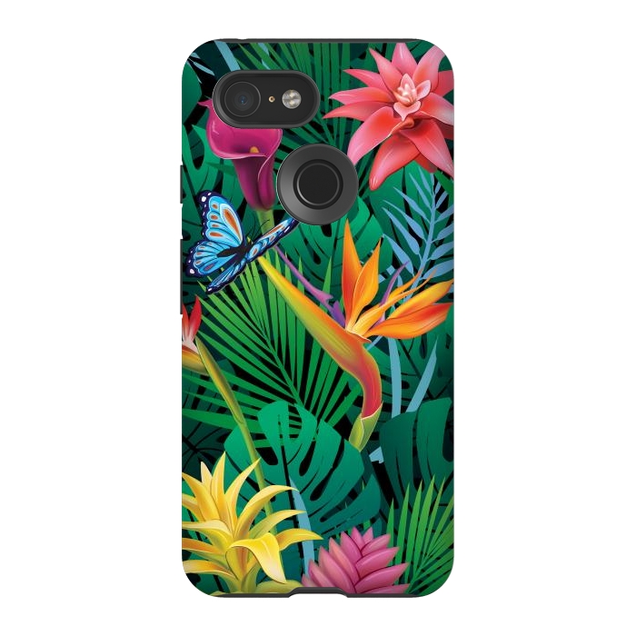 Pixel 3 StrongFit Cute Tropical Floral Design Green Pink and Purple by ArtsCase