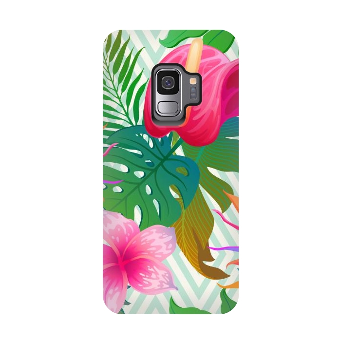 Galaxy S9 StrongFit Exotic Flowers and Leaves in Geometric Decoration by ArtsCase