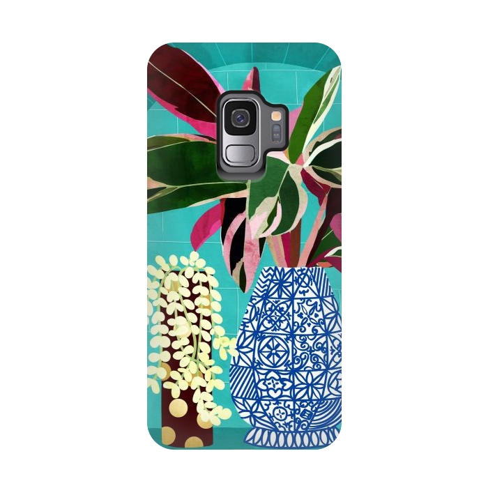 Galaxy S9 StrongFit Moroccan Shelfie | Tropical Teal Plants Botanical | Exotic Modern Bohemian Eclectic Décor  by Uma Prabhakar Gokhale