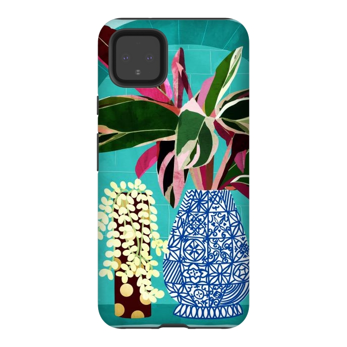 Pixel 4XL StrongFit Moroccan Shelfie | Tropical Teal Plants Botanical | Exotic Modern Bohemian Eclectic Décor  by Uma Prabhakar Gokhale