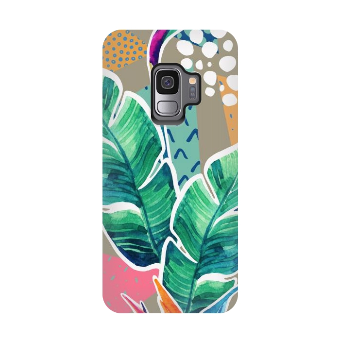 Galaxy S9 StrongFit Tropical Flowers Watercolors with Geometric Outline by ArtsCase