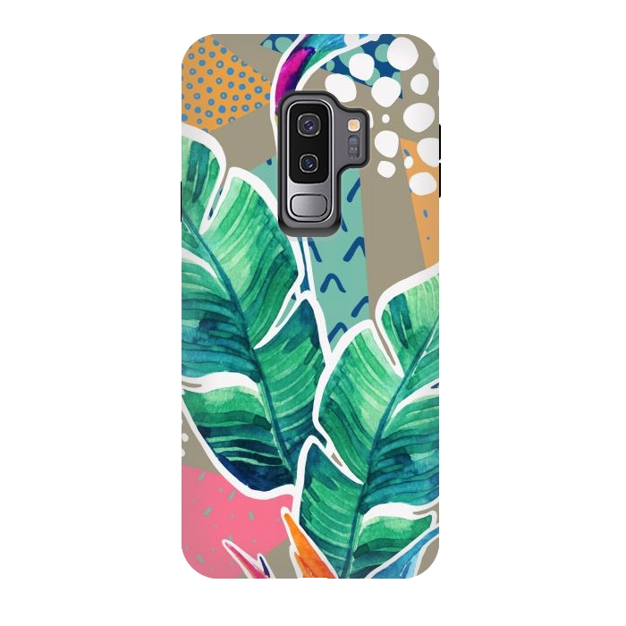 Galaxy S9 plus StrongFit Tropical Flowers Watercolors with Geometric Outline by ArtsCase