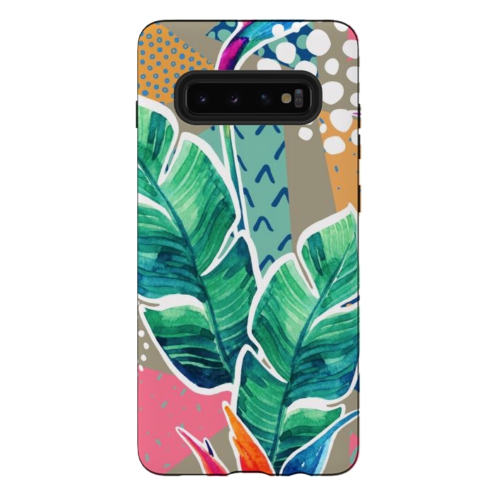Galaxy S10 plus StrongFit Tropical Flowers Watercolors with Geometric Outline by ArtsCase