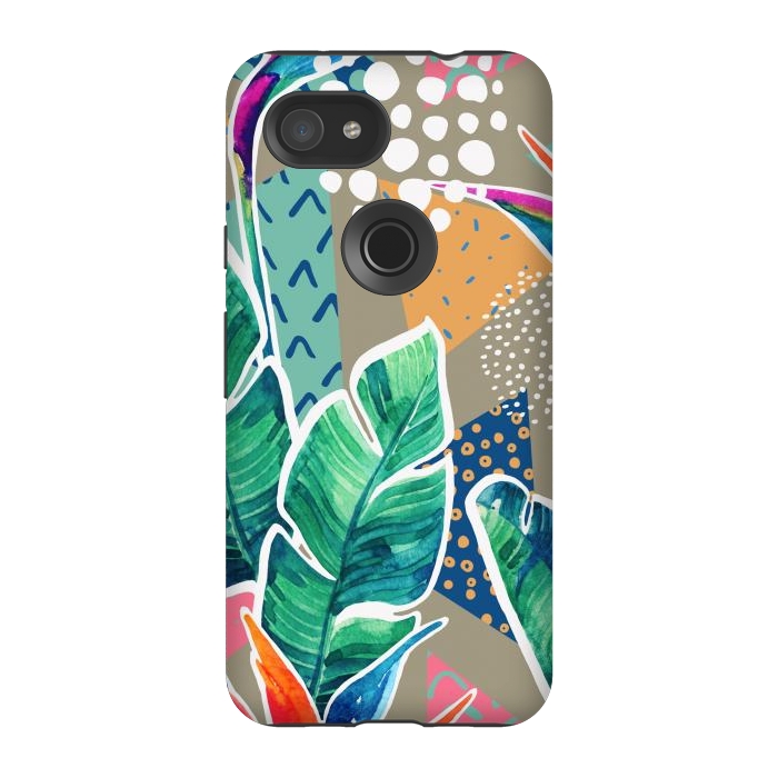 Pixel 3A StrongFit Tropical Flowers Watercolors with Geometric Outline by ArtsCase