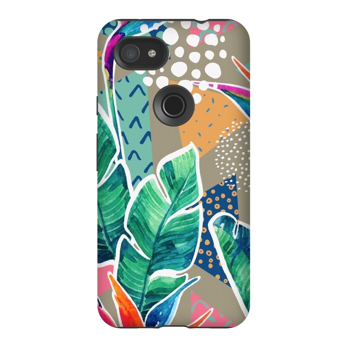 Pixel 3AXL StrongFit Tropical Flowers Watercolors with Geometric Outline by ArtsCase
