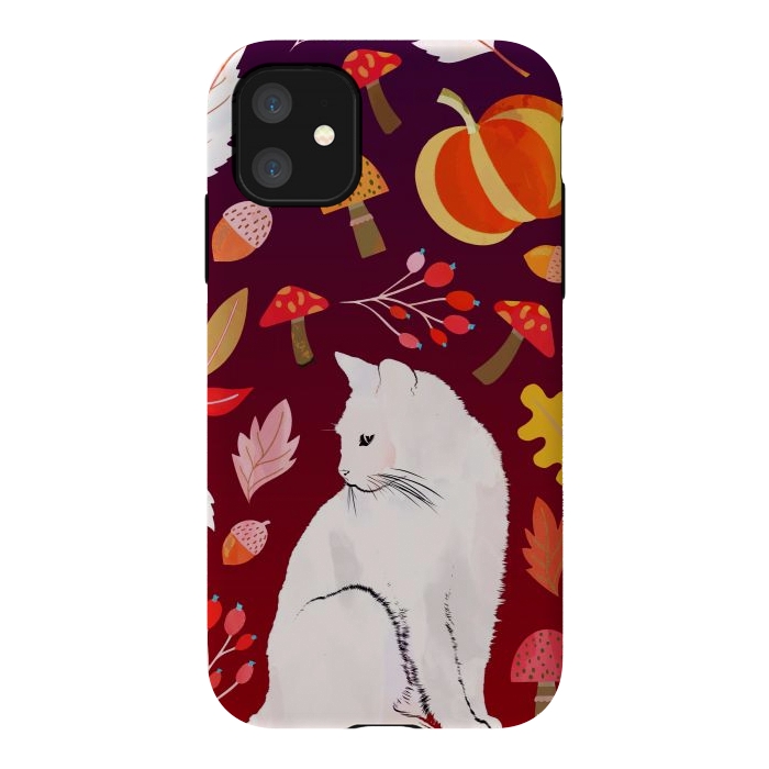 iPhone 11 StrongFit White cat and autumn nature pattern by Oana 