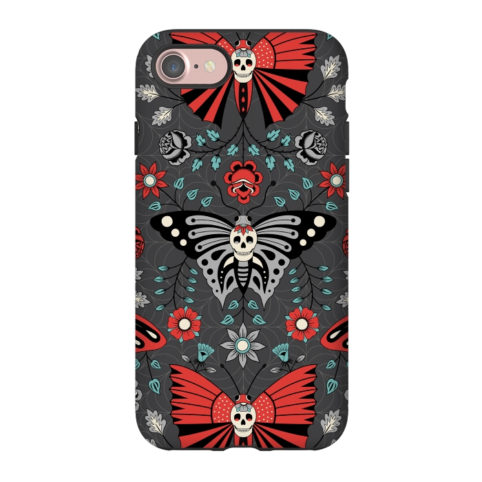 iPhone 7 StrongFit Gothic Halloween Skulls, Butterflies Flowers on a dark gray background by Portia Monberg