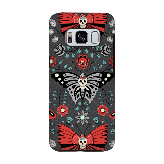 Galaxy S8 StrongFit Gothic Halloween Skulls, Butterflies Flowers on a dark gray background by Portia Monberg