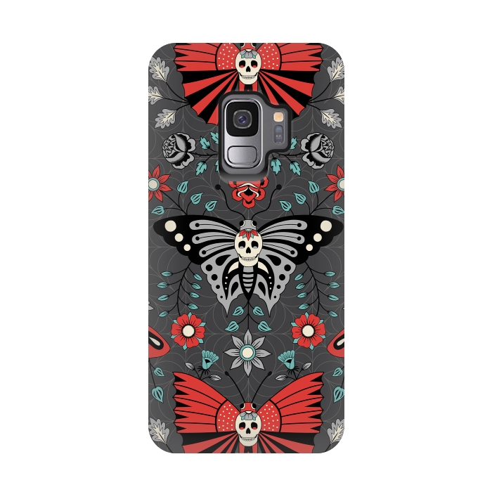 Galaxy S9 StrongFit Gothic Halloween Skulls, Butterflies Flowers on a dark gray background by Portia Monberg