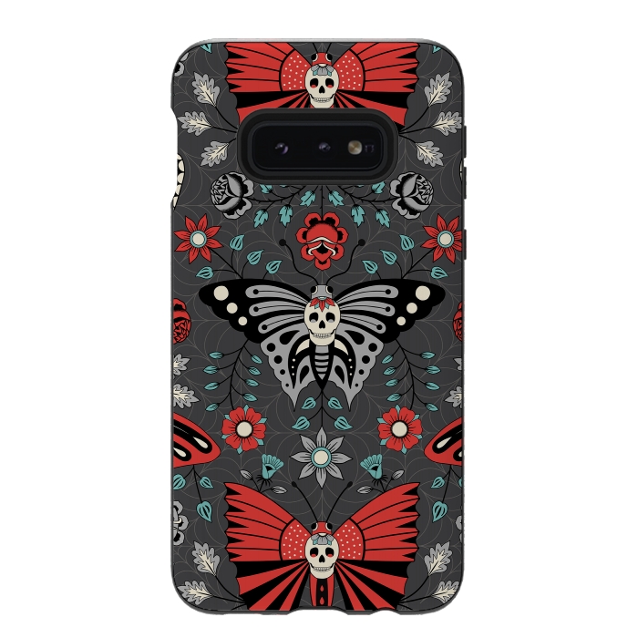 Galaxy S10e StrongFit Gothic Halloween Skulls, Butterflies Flowers on a dark gray background by Portia Monberg