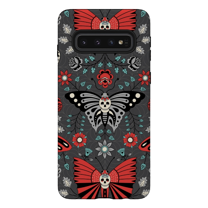 Galaxy S10 StrongFit Gothic Halloween Skulls, Butterflies Flowers on a dark gray background by Portia Monberg