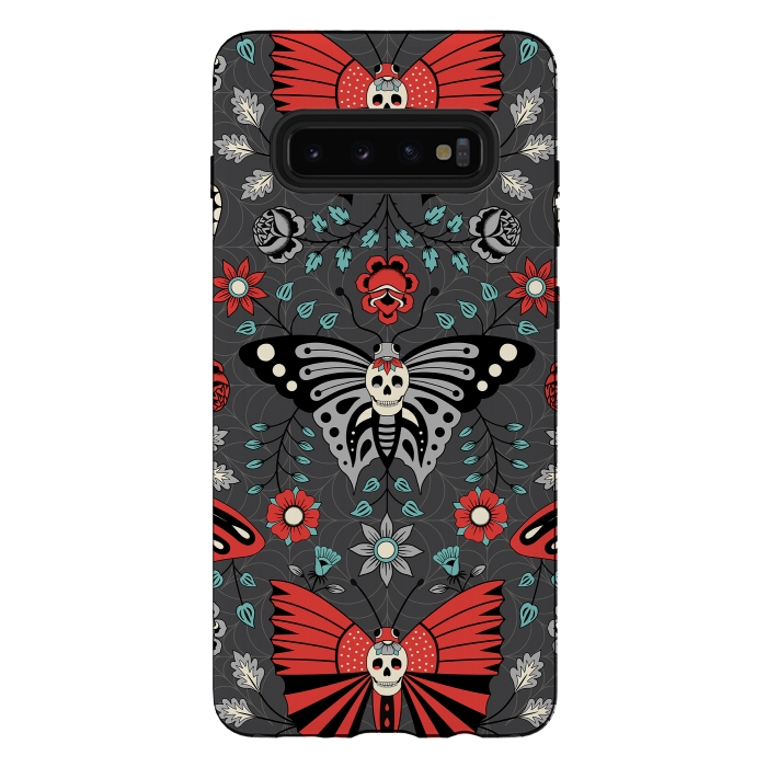 Galaxy S10 plus StrongFit Gothic Halloween Skulls, Butterflies Flowers on a dark gray background by Portia Monberg