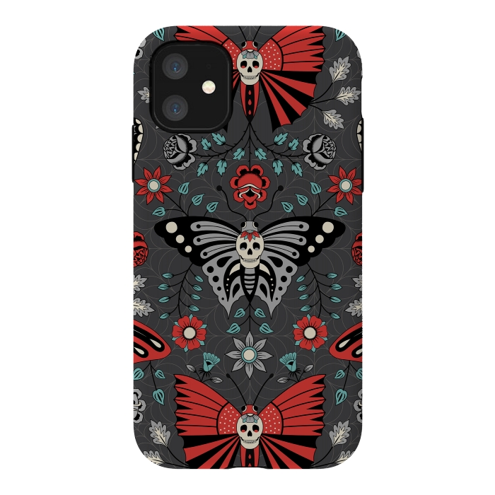 iPhone 11 StrongFit Gothic Halloween Skulls, Butterflies Flowers on a dark gray background by Portia Monberg
