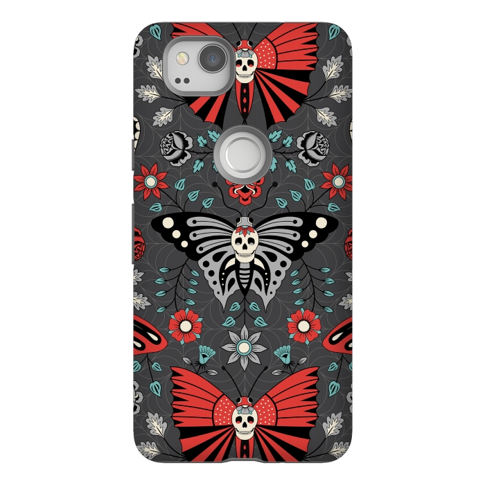 Pixel 2 StrongFit Gothic Halloween Skulls, Butterflies Flowers on a dark gray background by Portia Monberg