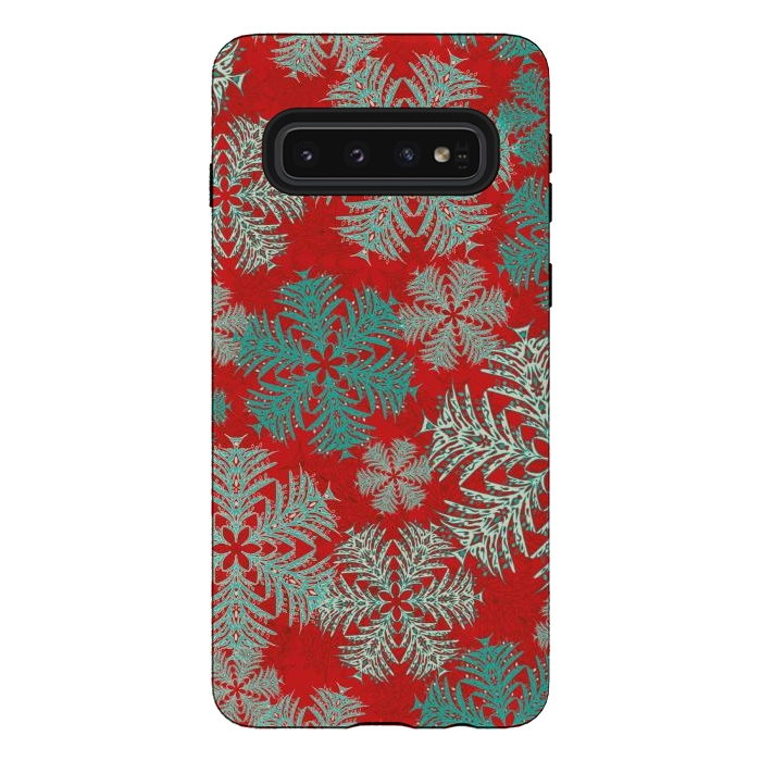 Galaxy S10 StrongFit Xmas Snowflakes Red Aqua by Lotti Brown