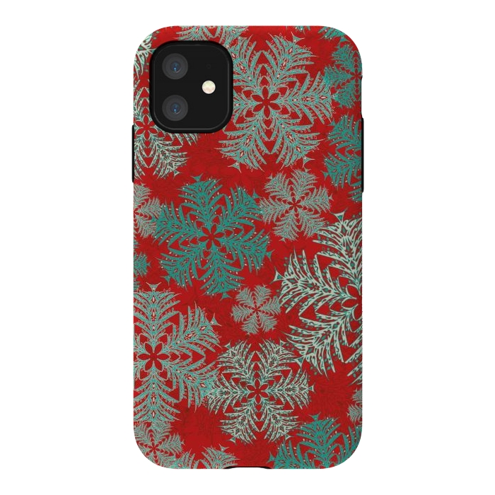 iPhone 11 StrongFit Xmas Snowflakes Red Aqua by Lotti Brown