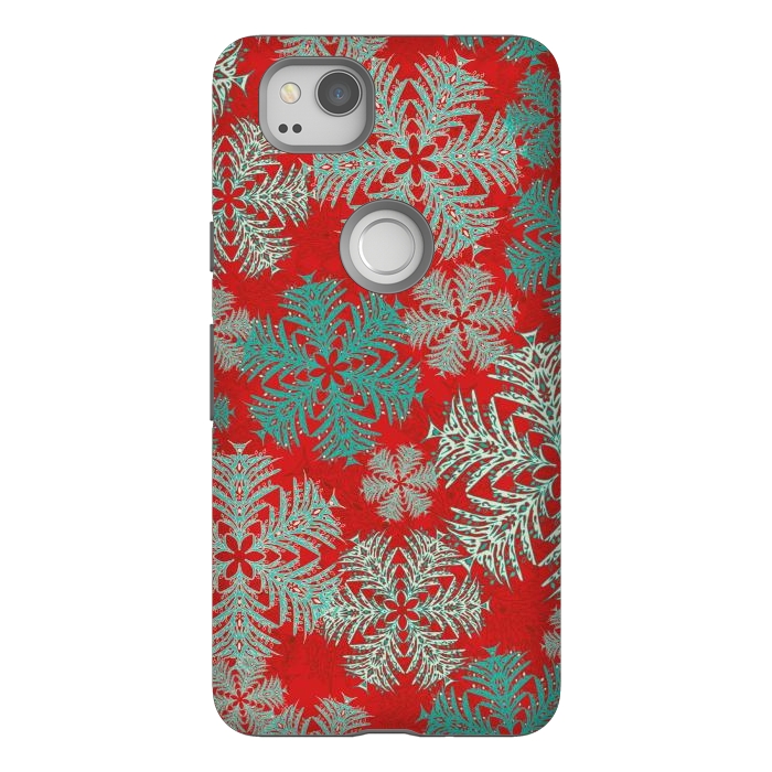 Pixel 2 StrongFit Xmas Snowflakes Red Aqua by Lotti Brown