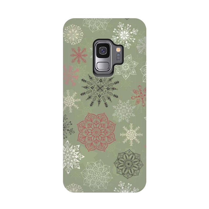 Galaxy S9 StrongFit Christmas Snowflakes on Dark Green by Paula Ohreen