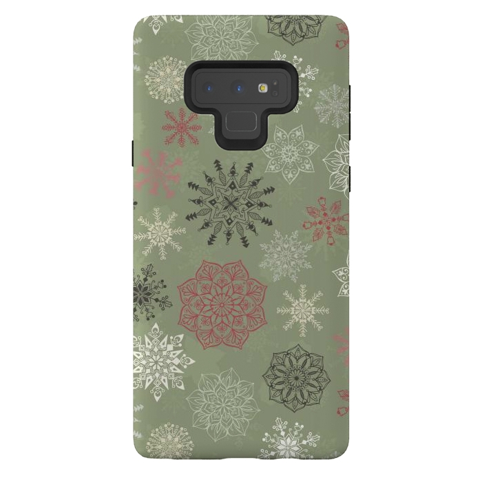 Galaxy Note 9 StrongFit Christmas Snowflakes on Dark Green by Paula Ohreen