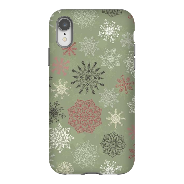 iPhone Xr StrongFit Christmas Snowflakes on Dark Green by Paula Ohreen