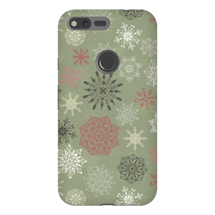 Pixel XL StrongFit Christmas Snowflakes on Dark Green by Paula Ohreen