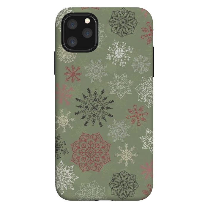 iPhone 11 Pro Max StrongFit Christmas Snowflakes on Dark Green by Paula Ohreen