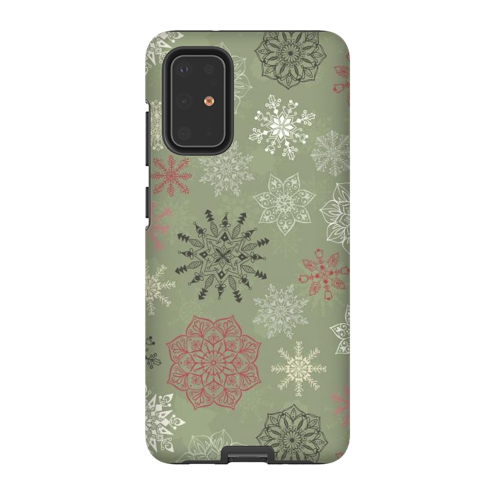 Galaxy S20 Plus StrongFit Christmas Snowflakes on Dark Green by Paula Ohreen