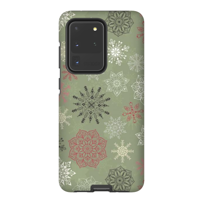 Galaxy S20 Ultra StrongFit Christmas Snowflakes on Dark Green by Paula Ohreen