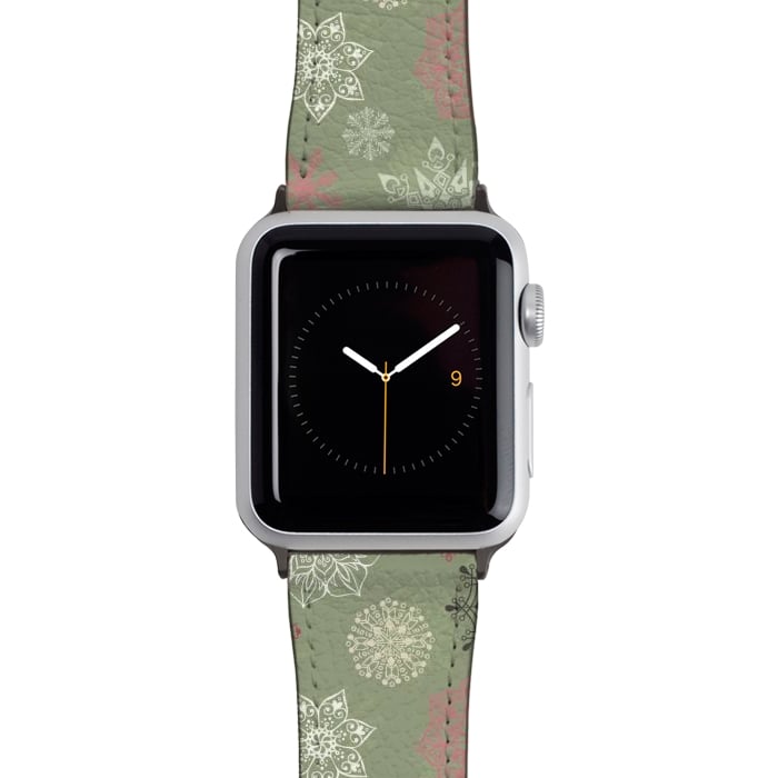 Watch 38mm / 40mm Strap PU leather Christmas Snowflakes on Dark Green by Paula Ohreen