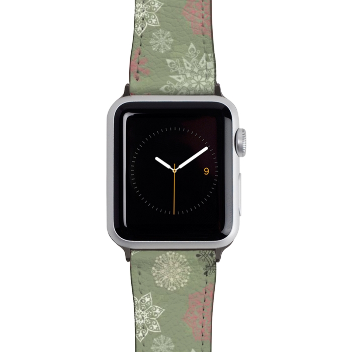 Watch 42mm / 44mm Strap PU leather Christmas Snowflakes on Dark Green by Paula Ohreen