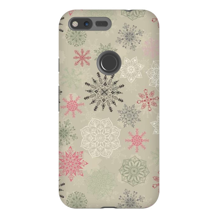 Pixel XL StrongFit Christmas Snowflakes on Light Green by Paula Ohreen