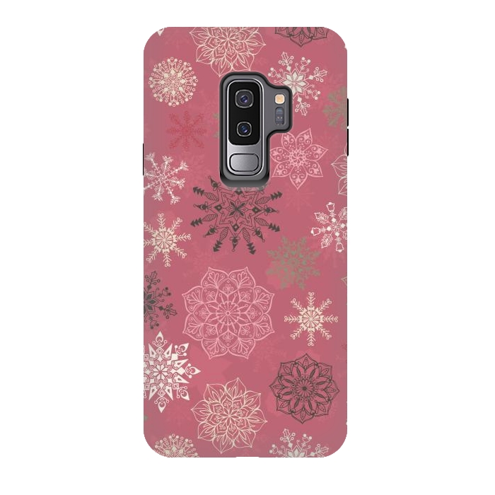Galaxy S9 plus StrongFit Christmas Snowflakes on Pink by Paula Ohreen