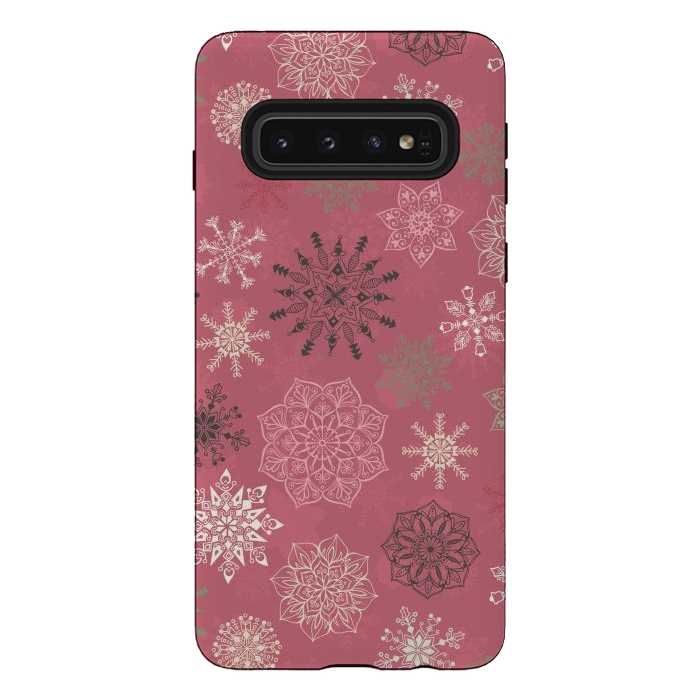 Galaxy S10 StrongFit Christmas Snowflakes on Pink by Paula Ohreen