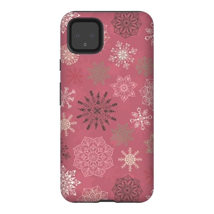 Pixel 4XL StrongFit Christmas Snowflakes on Pink by Paula Ohreen