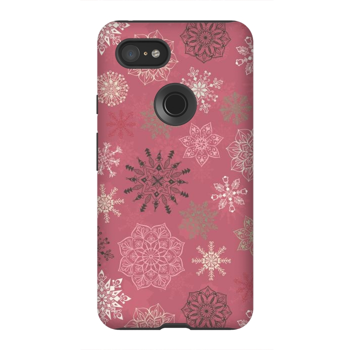 Pixel 3XL StrongFit Christmas Snowflakes on Pink by Paula Ohreen