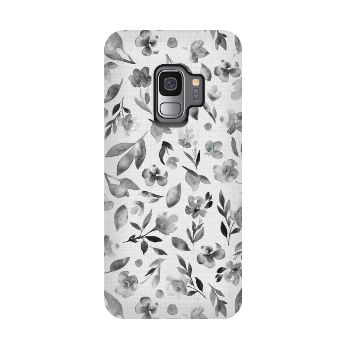 Galaxy S9 StrongFit Watercolor Textured Floral Toss - Black and White by Paula Ohreen