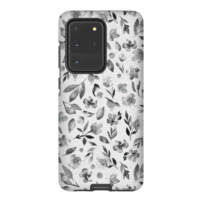 Galaxy S20 Ultra StrongFit Watercolor Textured Floral Toss - Black and White by Paula Ohreen