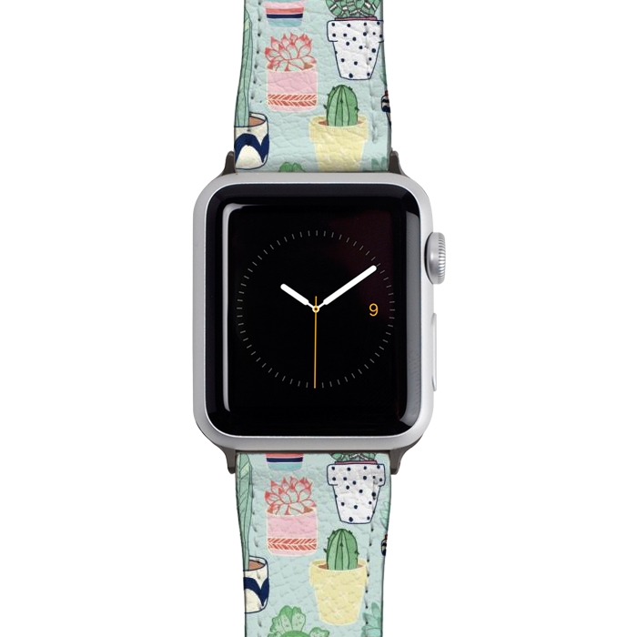 Watch 38mm / 40mm Strap PU leather Cute Cacti In Pots on Mint Green by Tangerine-Tane