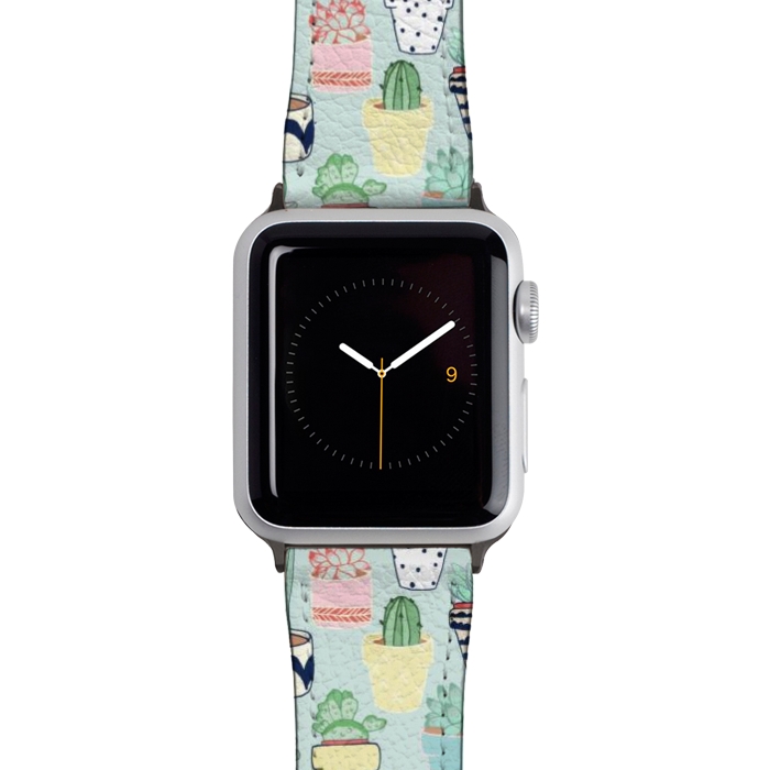 Watch 42mm / 44mm Strap PU leather Cute Cacti In Pots on Mint Green by Tangerine-Tane