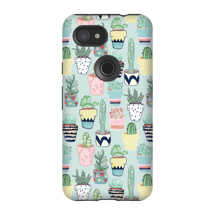 Pixel 3A StrongFit Cute Cacti In Pots on Mint Green by Tangerine-Tane
