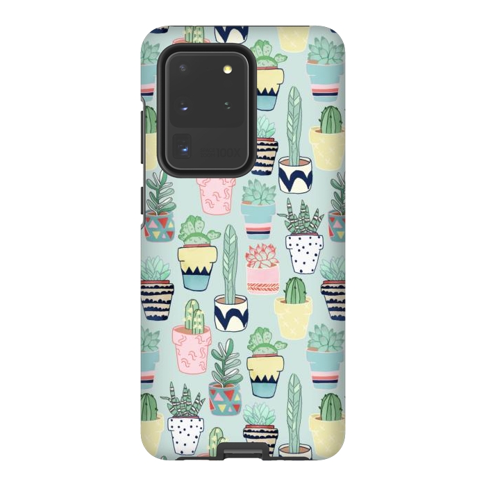 Galaxy S20 Ultra StrongFit Cute Cacti In Pots on Mint Green by Tangerine-Tane