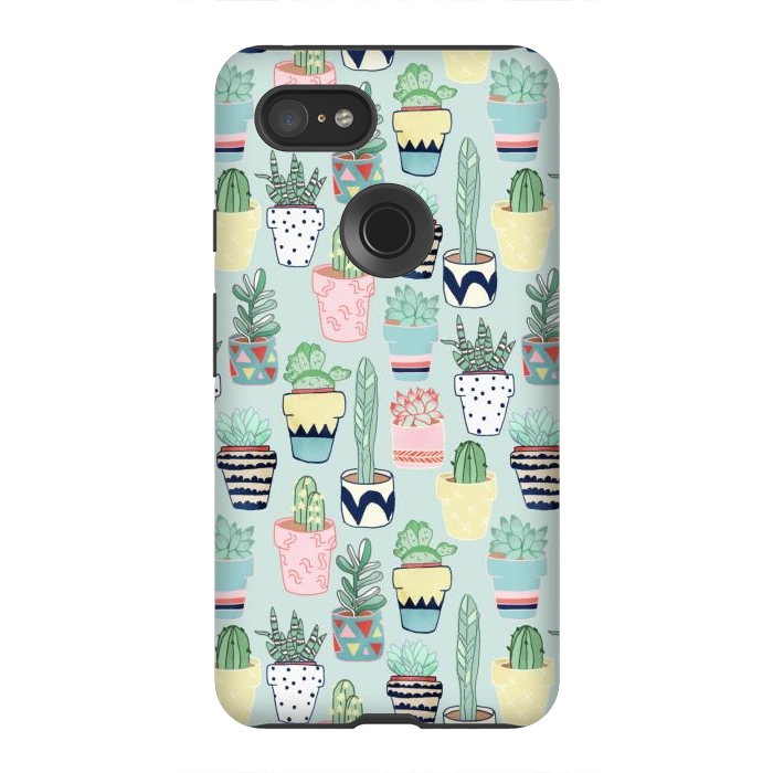 Pixel 3XL StrongFit Cute Cacti In Pots on Mint Green by Tangerine-Tane