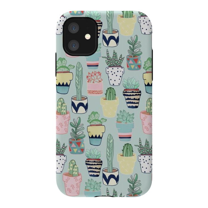 iPhone 11 StrongFit Cute Cacti In Pots on Mint Green by Tangerine-Tane
