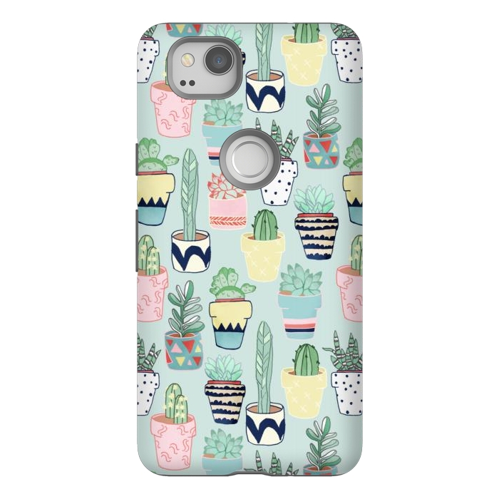 Pixel 2 StrongFit Cute Cacti In Pots on Mint Green by Tangerine-Tane