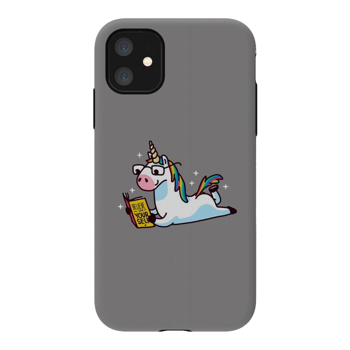 iPhone 11 StrongFit Unicorn Reading Book Believe in Yourself Floor by Vó Maria