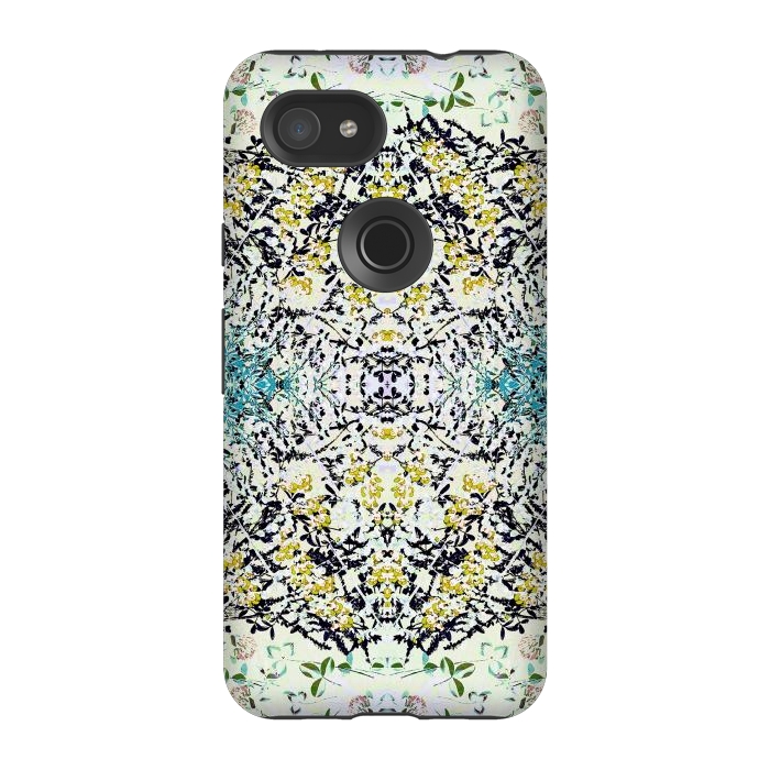 Pixel 3A StrongFit Yellow blue ditsy flowers and leaves pattern by Oana 