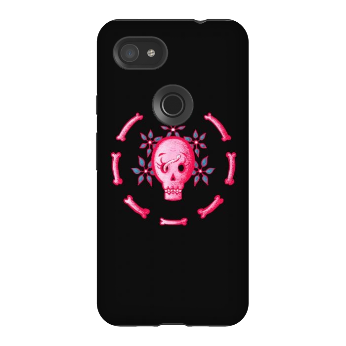 Pixel 3AXL StrongFit Funny Skull In Pink With Flowers And Bones by Boriana Giormova