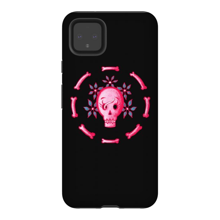 Pixel 4XL StrongFit Funny Skull In Pink With Flowers And Bones by Boriana Giormova